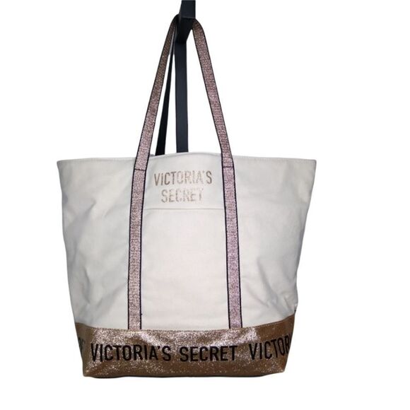VICTORIA'S SECRET Canvas Tote Bag W/ Gold Glitter - Picture 1 of 13